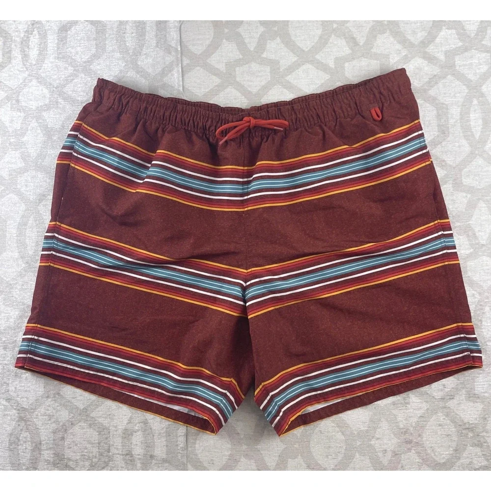 Eddie Bauer Mens 2XL Swim‎ Trunks Rust Red Multi Stripe Mesh Lined Board Shorts